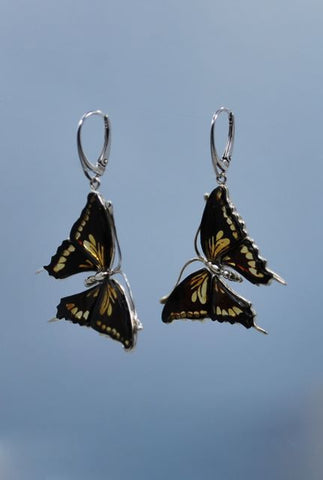 Baltic Amber and Sterling Silver Butterfly Earrings.