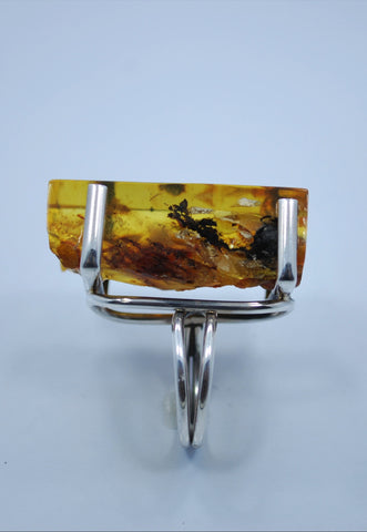 Amber & Sterling Silver Carved Ring