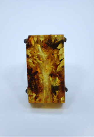 Amber & Sterling Silver Carved Ring