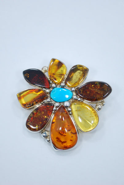 Baltic Amber, Turquoise and Sterling Silver Brooch/Pendant