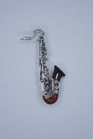 Baltic Amber & Sterling Silver Saxophone Brooch.