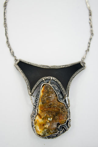 Amber, Sterling Silver & Leather Necklace