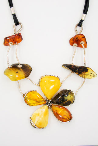 Amber, Sterling Silver and Leather Necklace.