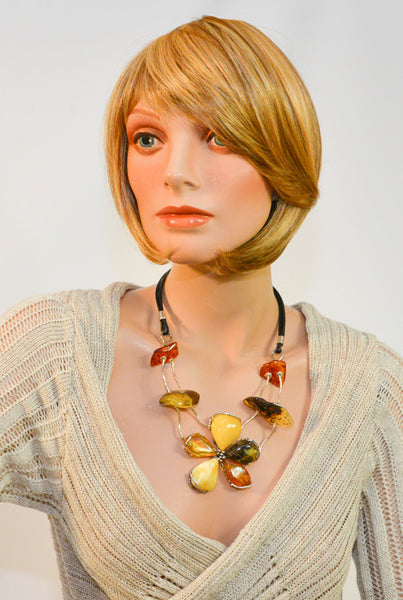 Amber, Sterling Silver and Leather Necklace.