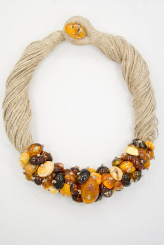 Multi-color Baltic Amber and Linen Necklace.