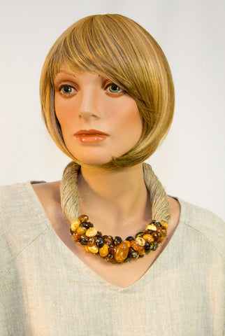 Multi-color Baltic Amber and Linen Necklace.